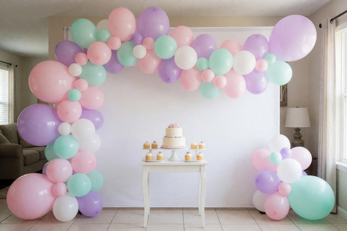Organic balloon garland na pink, lilac, mint at puti sa puting panel, may maliit na mesa ng cake at cupcakes sa harap