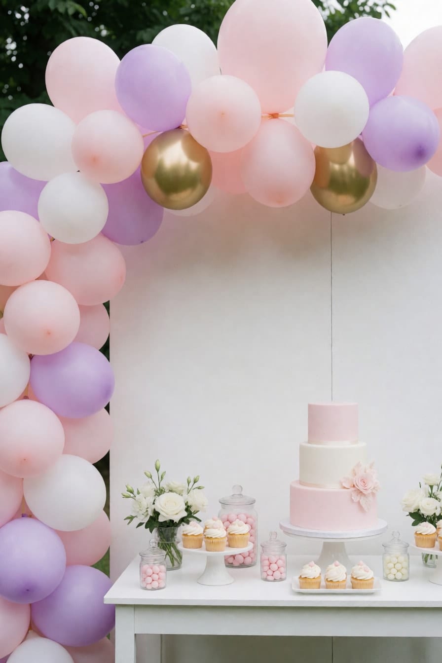 Pastel na balloon garland na pink, lilac, puti at gold sa ibabaw ng puting dessert table na may three-tier na cake, cupcakes at puting bulaklak