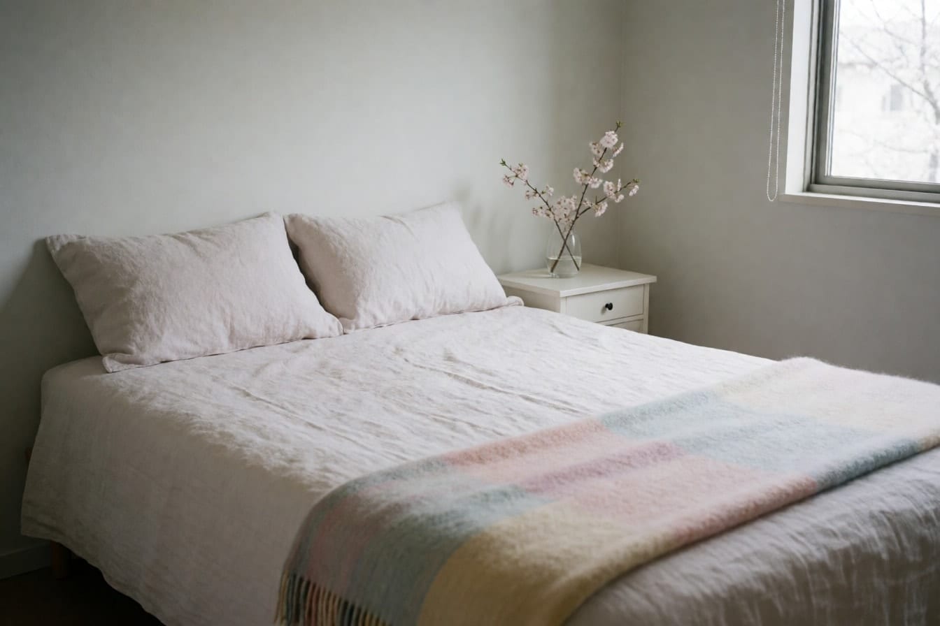 Schlafzimmer mit heller Leinenbettwäsche, Pastelldecke und Kirschblütenzweig auf dem Nachttisch