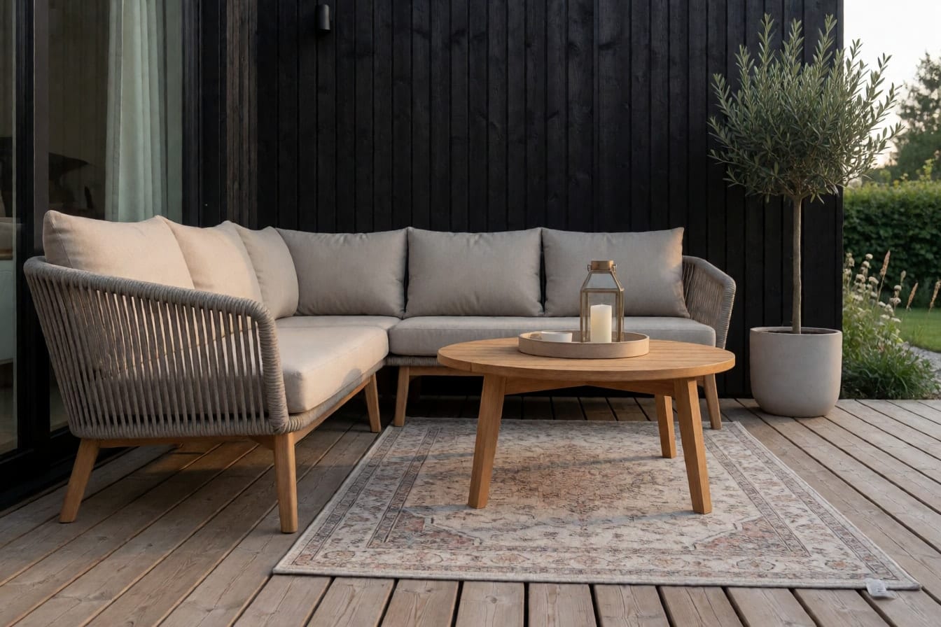 Loungehörna på en trall med en låg hörnsoffa i grått rep, sandfärgade dynor, en utomhusmatta och ett runt soffbord med lykta