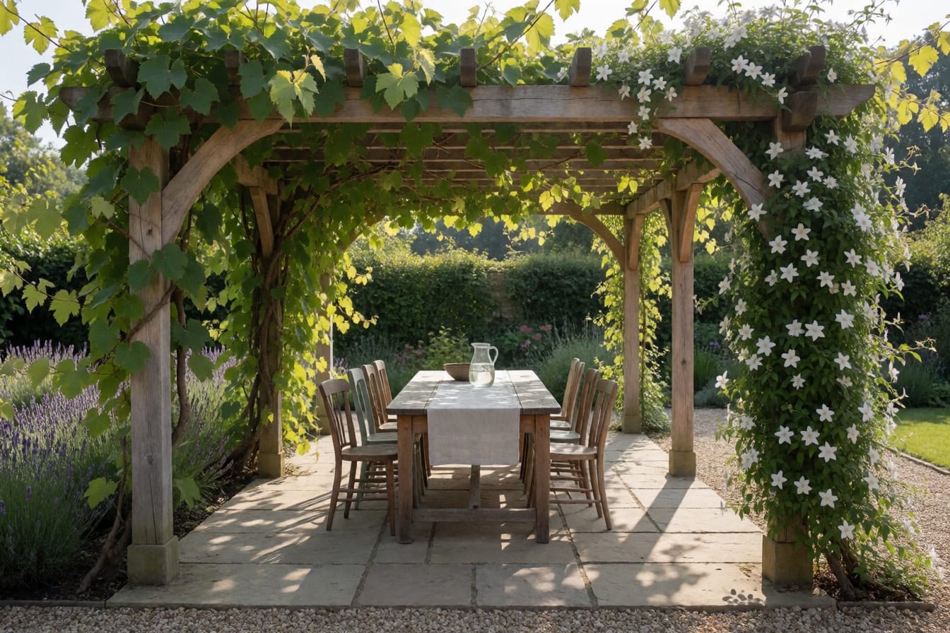 Träpergola täckt av vinranka och vit klematis över en stenuteplats med ett långt träbord, linnelöpare och omaka stolar
