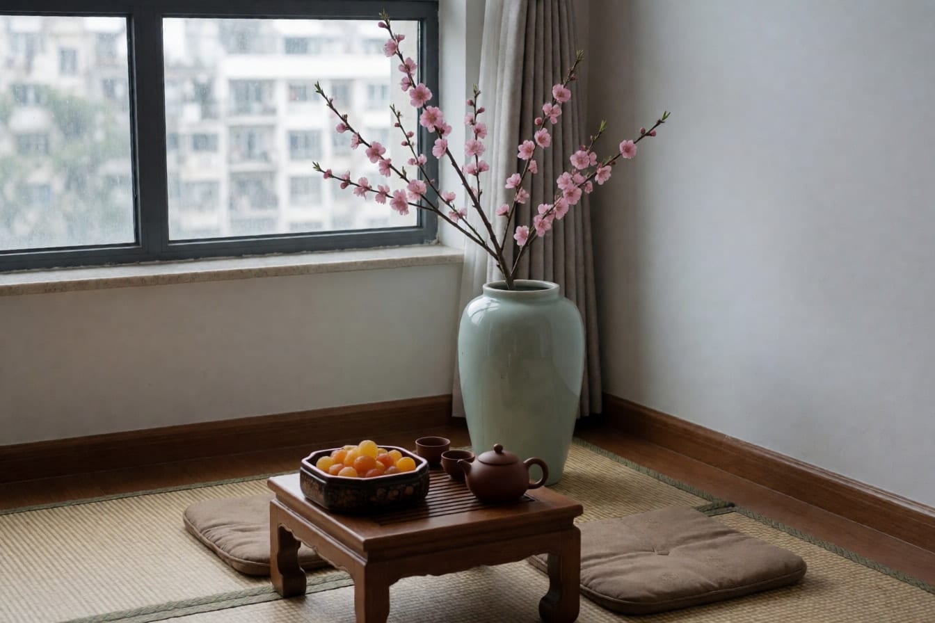 Cành đào hồng trong bình men ngọc cao, trước đó là bàn gỗ thấp trên chiếu cói với ấm trà đất, chén nhỏ, khay sơn mài đựng mứt và hai tấm nệm ngồi