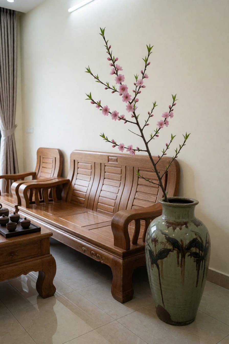 Cành đào hồng nhiều nụ cắm trong bình gốm lớn cạnh bộ bàn ghế gỗ trong phòng khách nhà ống Hà Nội