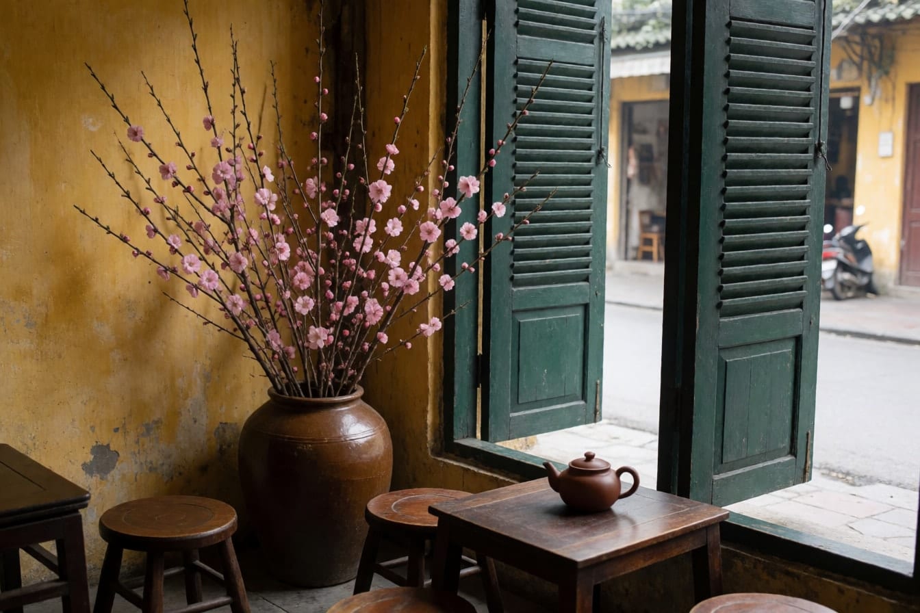 Cành đào hồng nhiều nụ cắm trong chum sành nâu, dựa bức tường vàng cũ cạnh cửa chớp xanh mở ra phố, bàn ghế gỗ thấp và ấm trà đất trong quán phố cổ