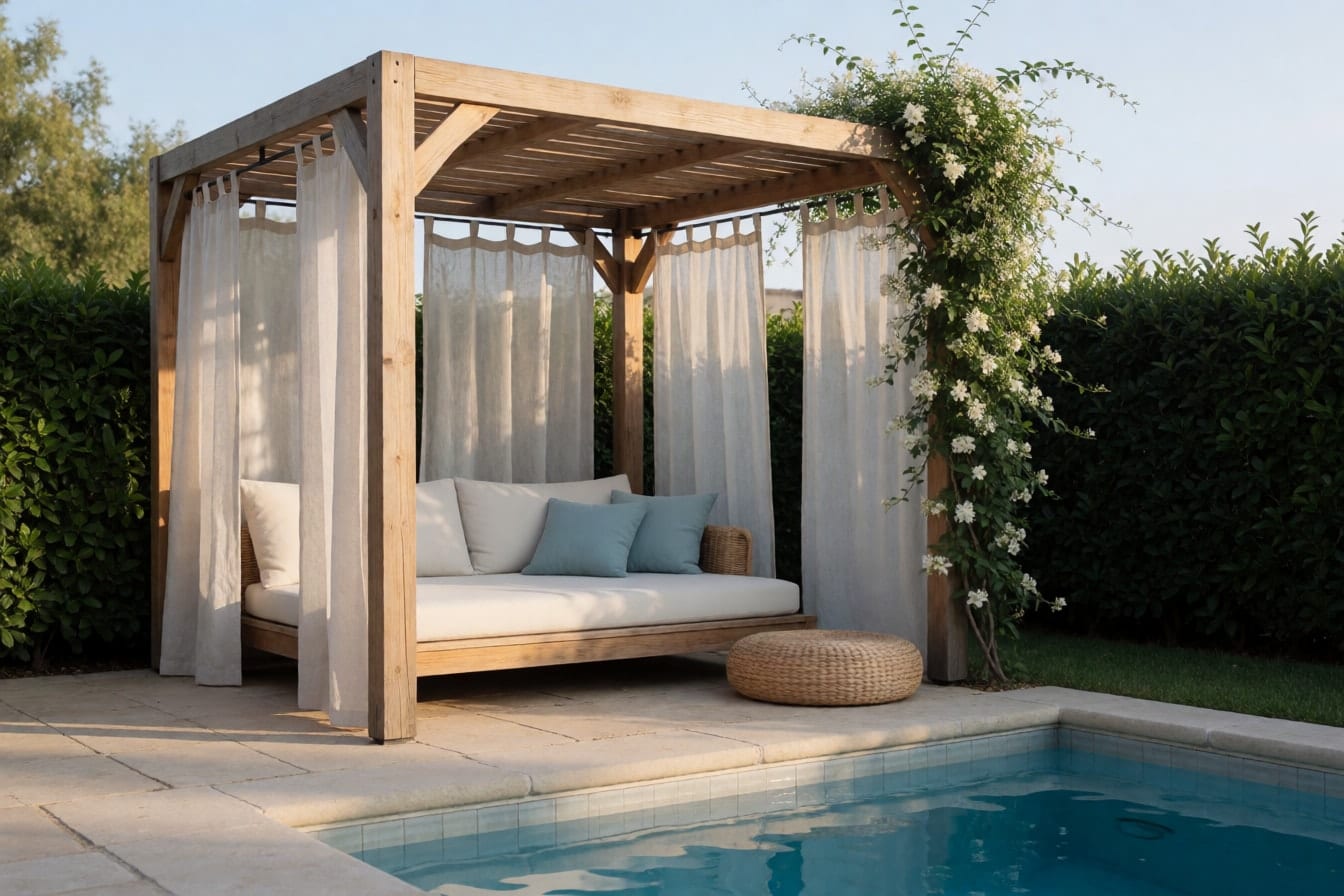 Havuzun taş kenarında keten perdeli ahşap pergola, altında minderli alçak sedir ve hasır puf
