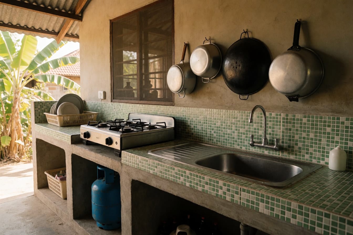 Dirty kitchen sa likod ng bahay sa probinsya na may kongkretong counter na may tiles, gas na kalan at tangke ng LPG, at nakasabit na kaldero