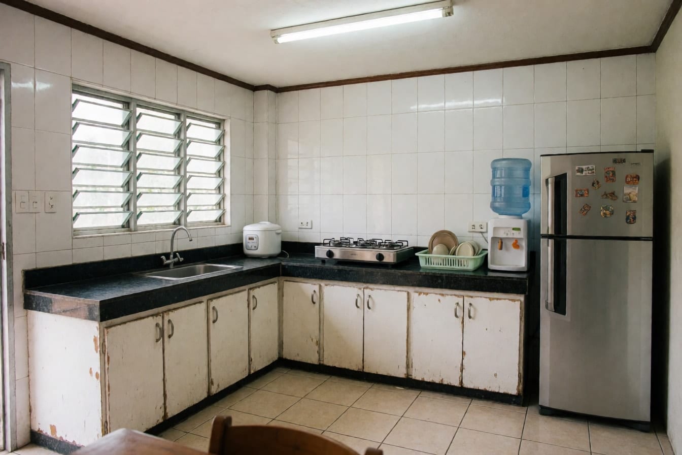 Kusina ng bahay sa subdivision na may itim na granite na counter, puting plywood na cabinet, jalousie na bintana at dalawang-pintong ref