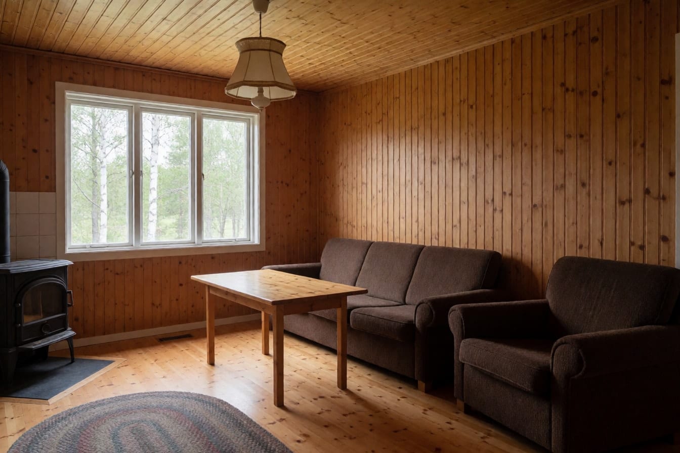 En stue fra 80-tallet med gulnet furupanel på vegger og i tak, brun sofa, furubord og svart vedovn i hjørnet