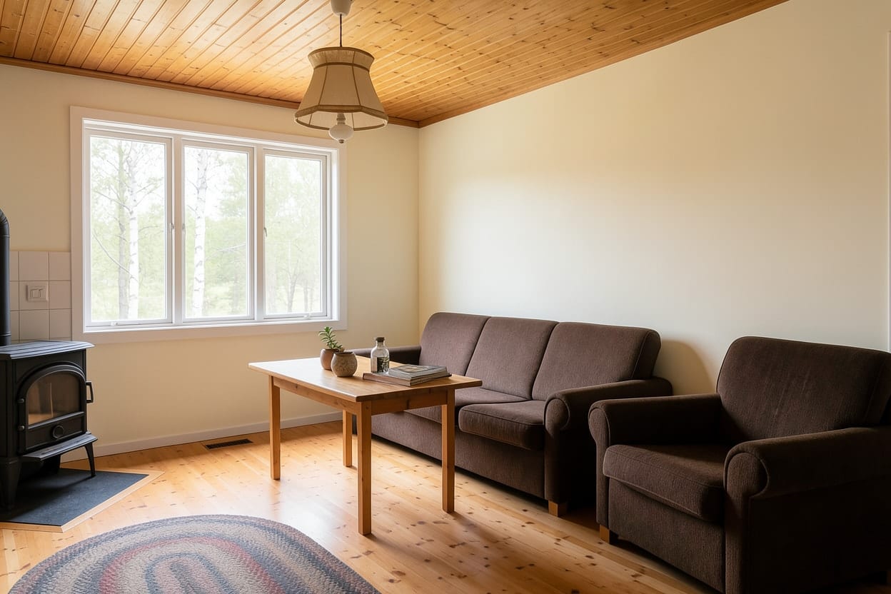 Den samme stua med veggpanelet malt varmt hvitt, mens vedovnen, sofaen og furugulvet er som før
