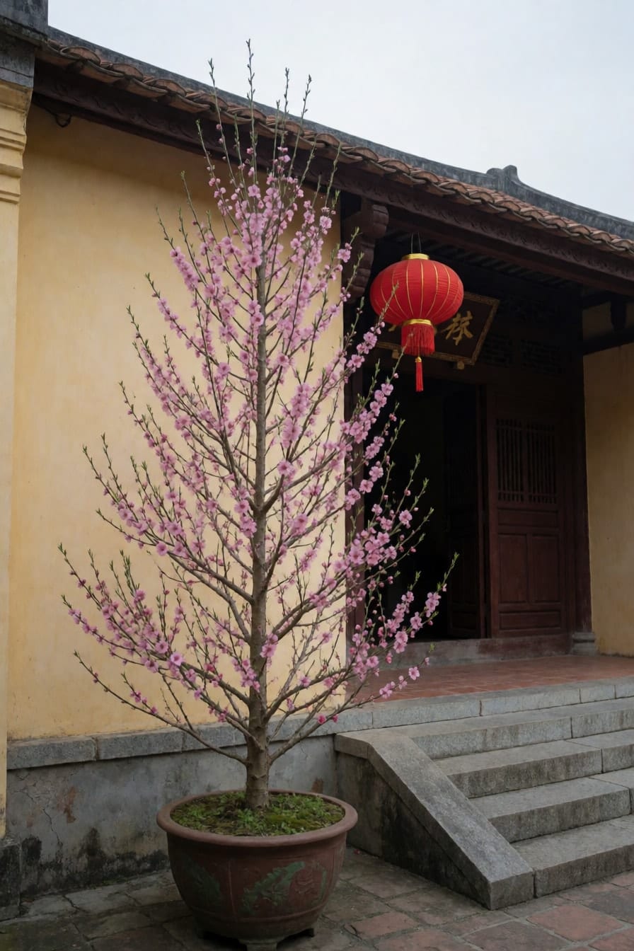 Chậu đào hồng nở rộ dáng cao bên bậc thềm đá, tường vàng nhạt phía sau, đèn lồng đỏ treo trên cửa, trời đông xám
