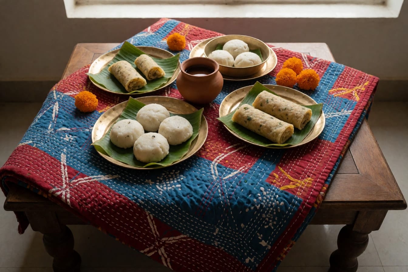 নকশি কাঁথায় ঢাকা নিচু কাঠের টেবিলে কাঁসার থালায় কলাপাতার ওপর ভাপা, পাটিসাপটা ও পুলি পিঠা