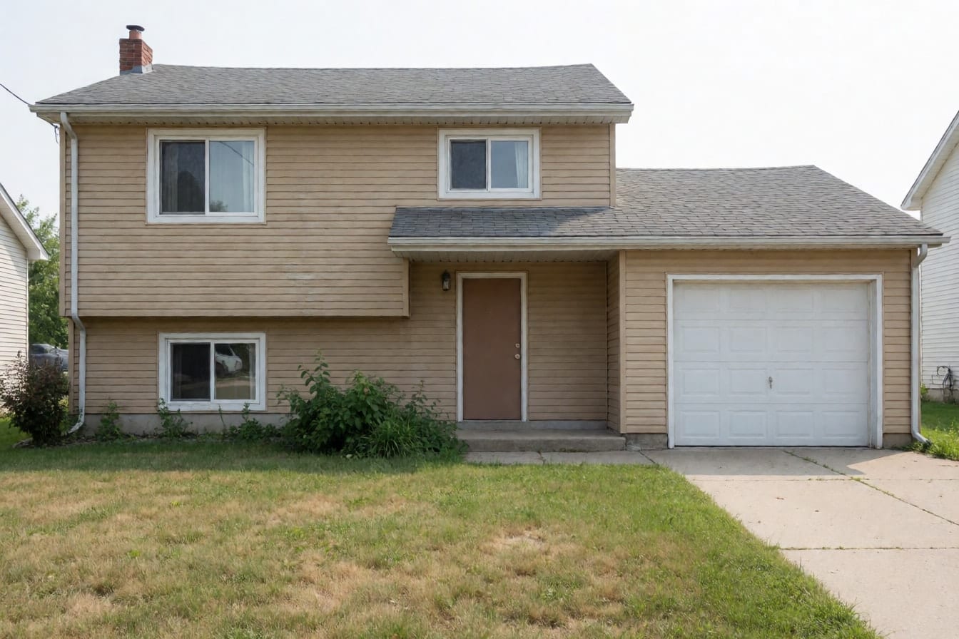 The front of a plain 1980s two-storey house with faded tan siding, white windows, a brown door and an attached garage