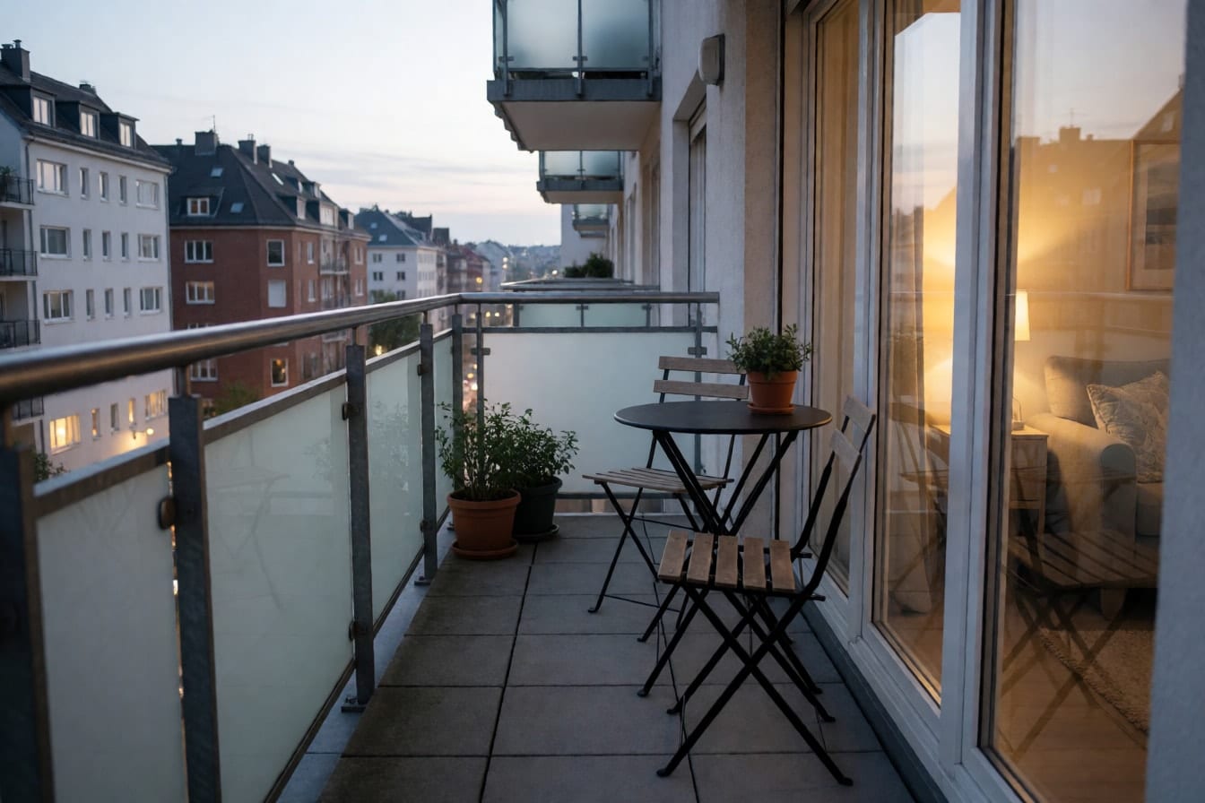 Makitid na balkonahe ng condo na may railing na salamin, dalawang folding chair, maliit na bilog na mesa at ilaw ng lungsod sa likod