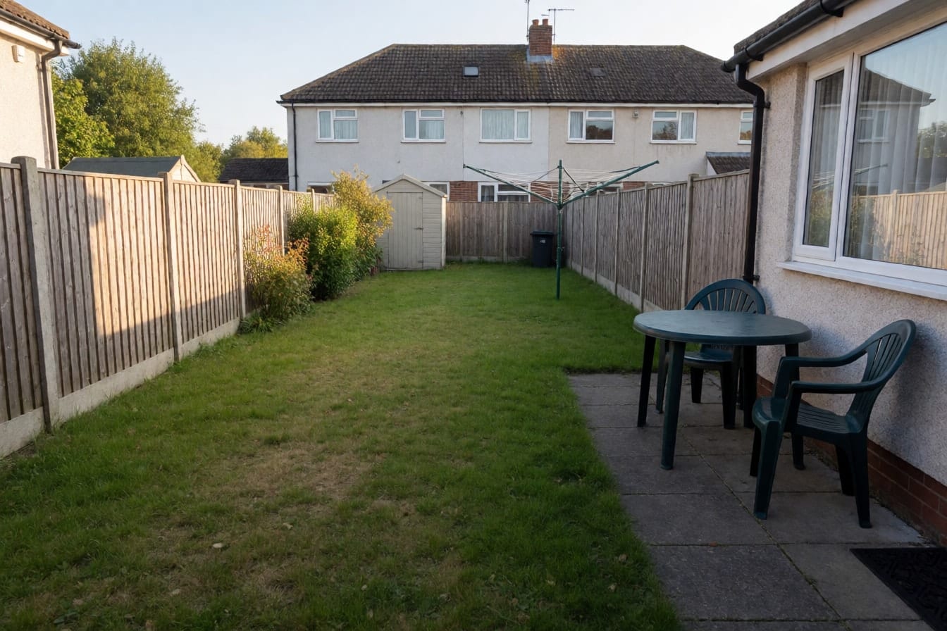 A plain back garden with a patchy lawn, a strip of concrete slabs, a plastic table, wooden fences and a small shed