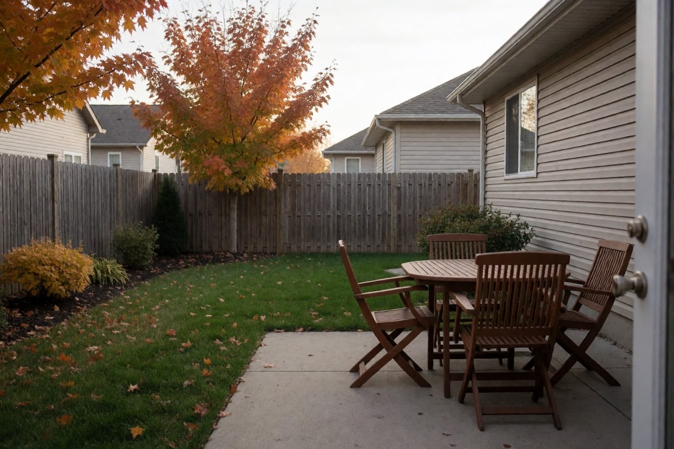 A suburban backyard with a concrete patio, a wooden table and chairs, a lawn and a wooden fence