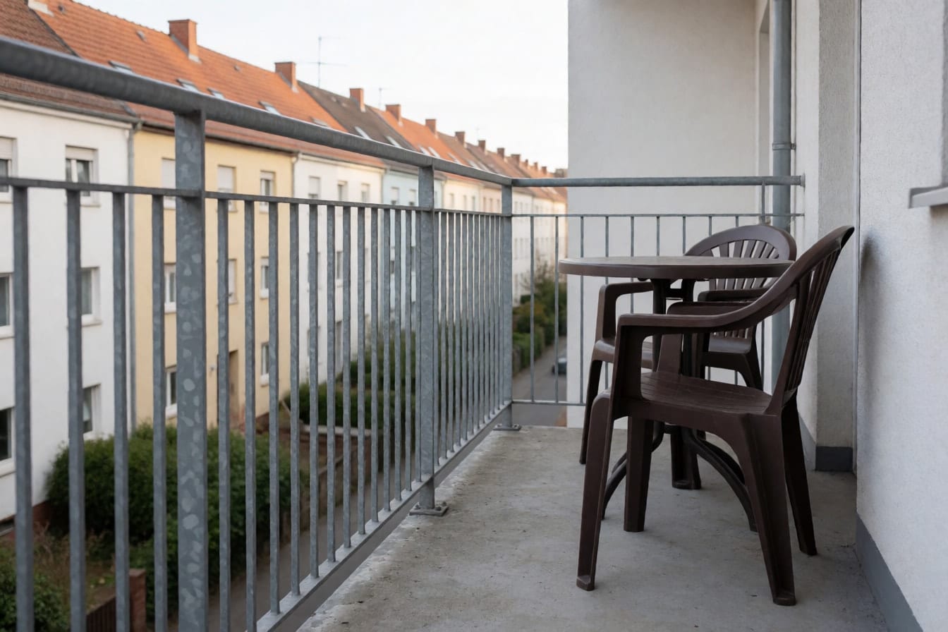 Kleiner Stadtbalkon mit grauem Metallgeländer, zwei Plastikstühlen und Betonboden
