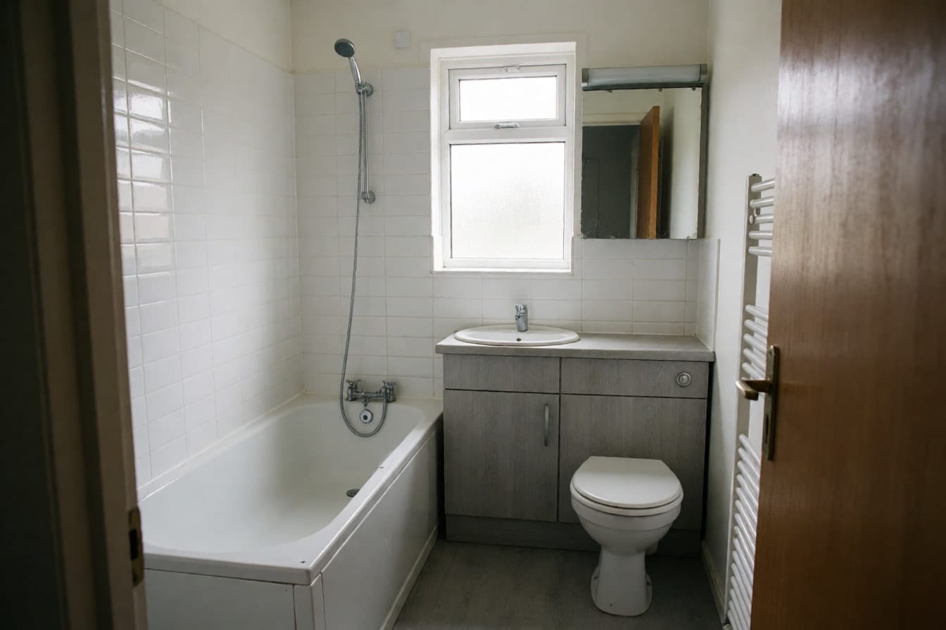 Baño sencillo con bañera bajo la ventana, azulejo blanco rectangular, mueble gris de laminado y radiador toallero