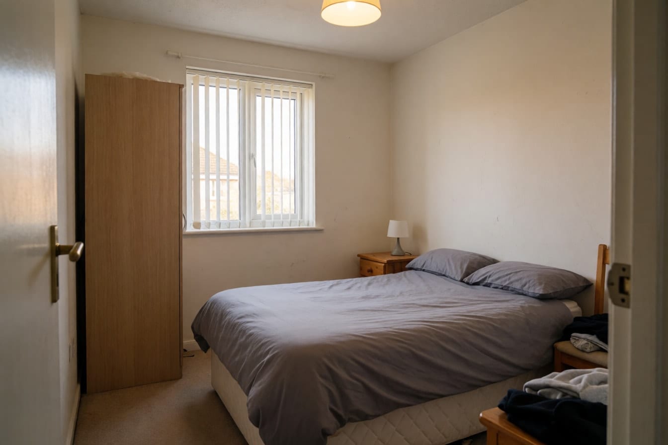 An ordinary bedroom with a gray duvet, a laminate wardrobe and clothes on a chair