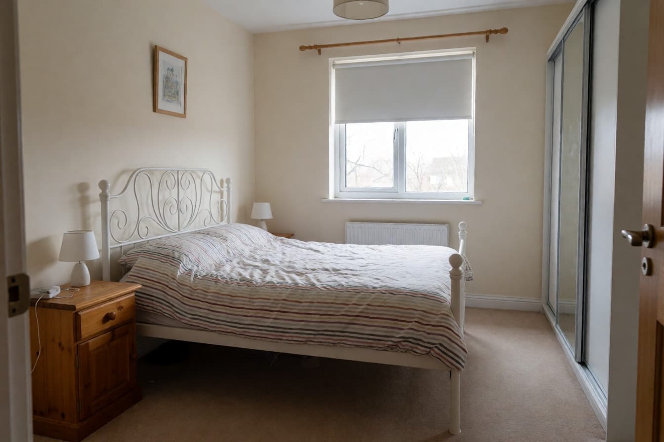 Schlichtes Schlafzimmer mit weißem Metallbett, gestreifter Bettwäsche, Kiefernnachttisch und Kleiderschrank mit Spiegeltüren
