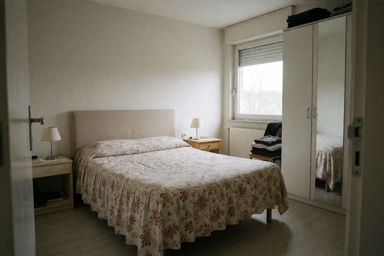Una camera da letto qualunque con testiera beige imbottita, copriletto a fiori, armadio con ante a specchio e tenda a rullo abbassata a metà