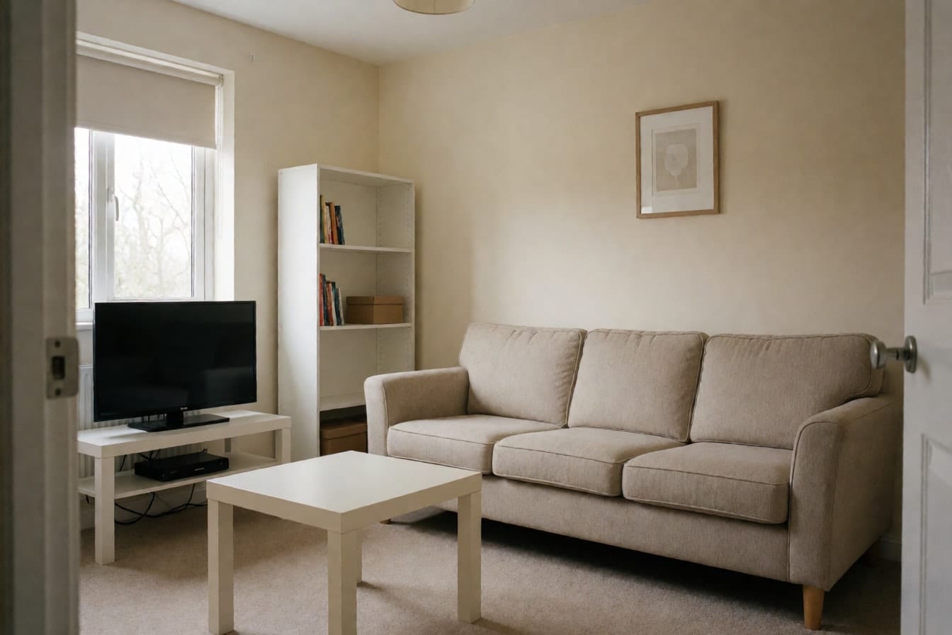 Schlichtes beiges Wohnzimmer mit hellem Stoffsofa an der Wand, weißem Bücherregal, schwarzem Fernseher auf weißer TV-Bank und beigem Teppichboden
