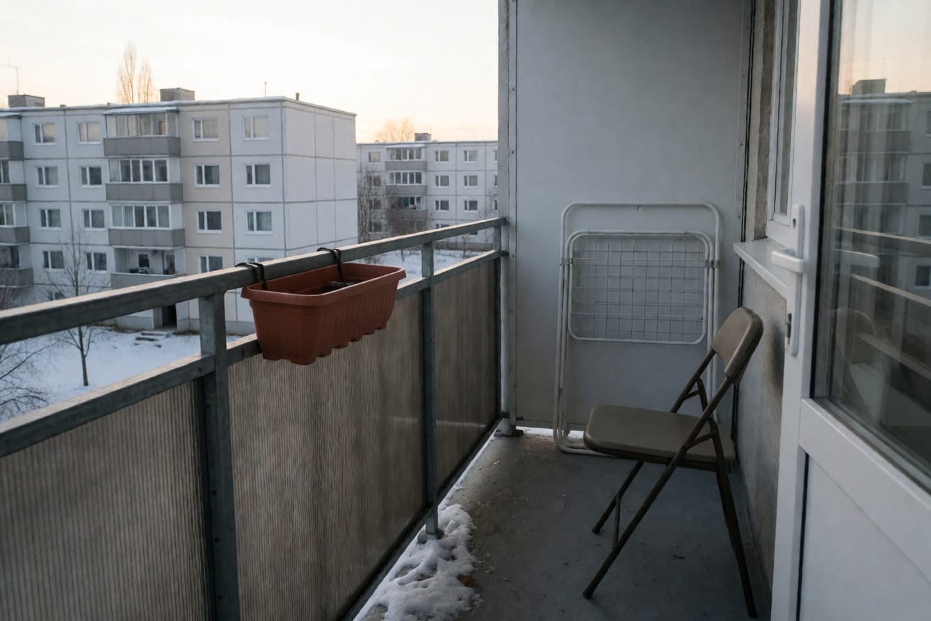 Úzký balkon panelového domu s plastovým zábradlím, prázdným truhlíkem, skládací židlí a složeným sušákem