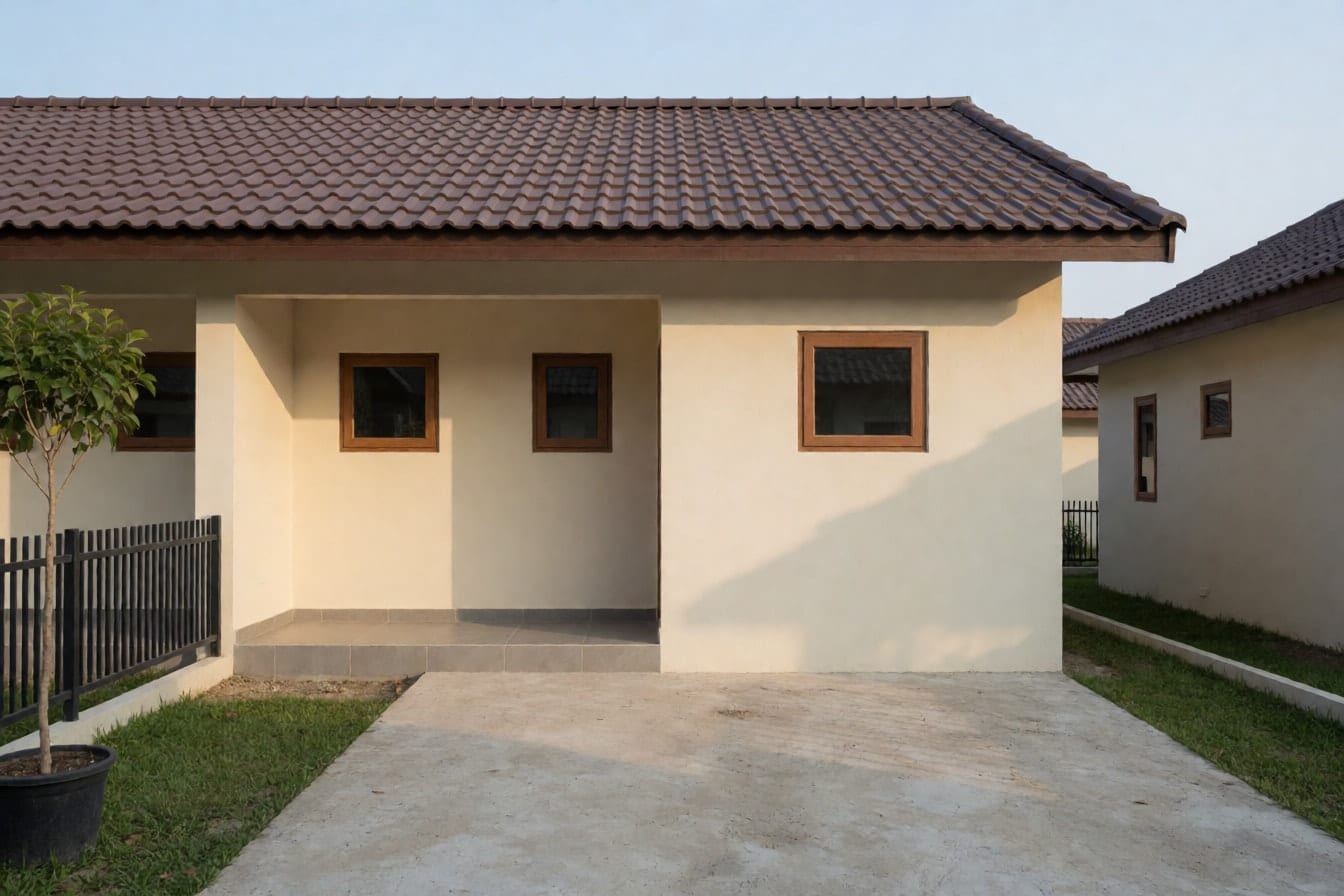 Rumah satu lantai di perumahan baru dengan atap metal cokelat, dinding krem, jendela kecil berkusen cokelat, dan halaman beton