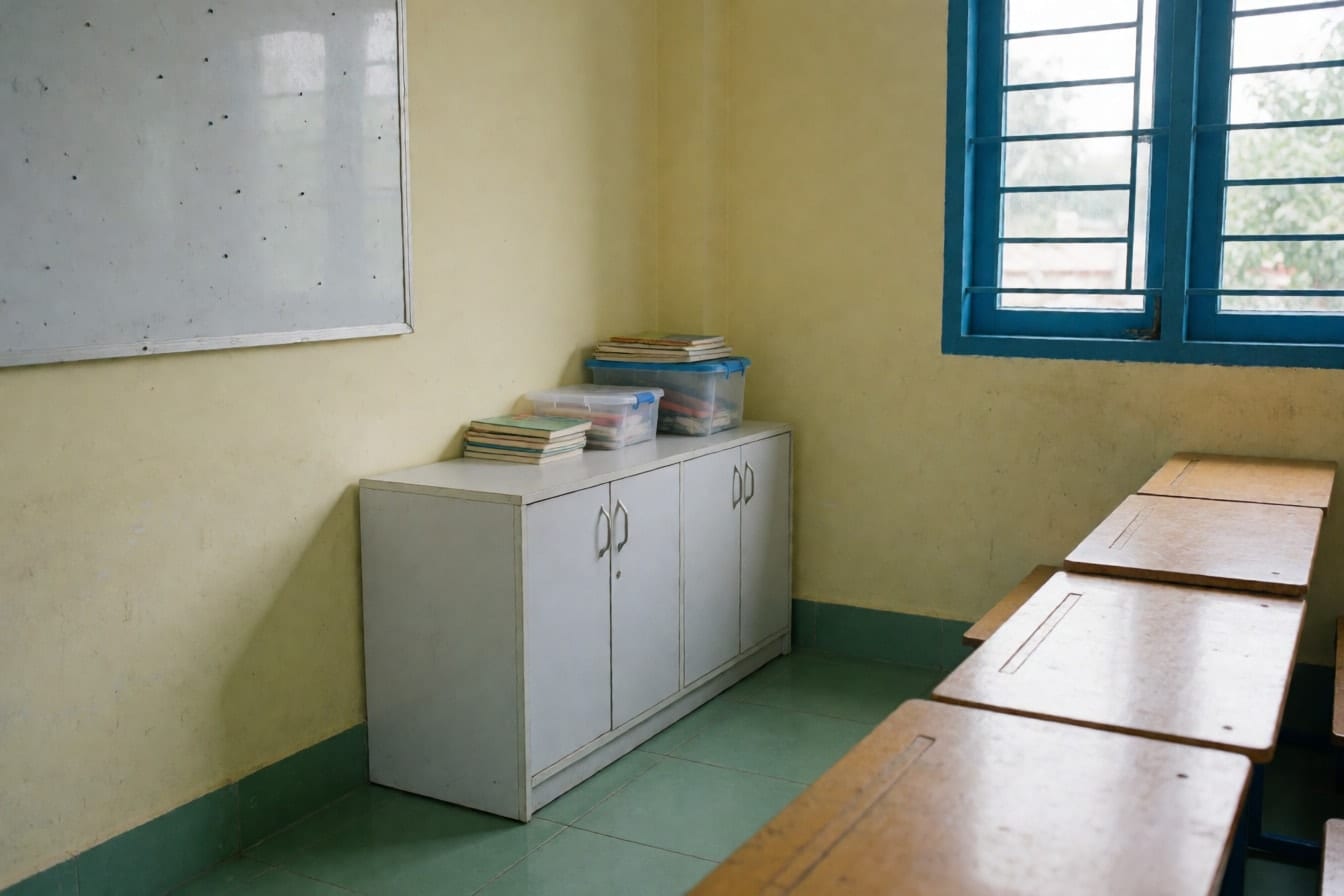 Góc lớp học tiểu học với tủ thấp màu trắng, chồng sách, bảng ghim trống, tường vàng nhạt và nền gạch xanh