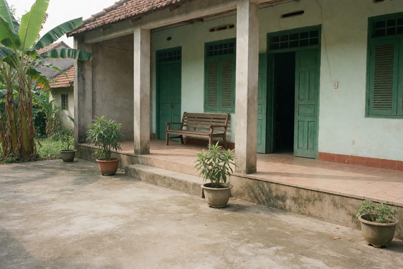 Hiên nhà cấp bốn ở quê với cột vuông, nền gạch, băng ghế gỗ, cửa gỗ sơn xanh, sân xi măng có vài chậu cây và bụi chuối bên hông