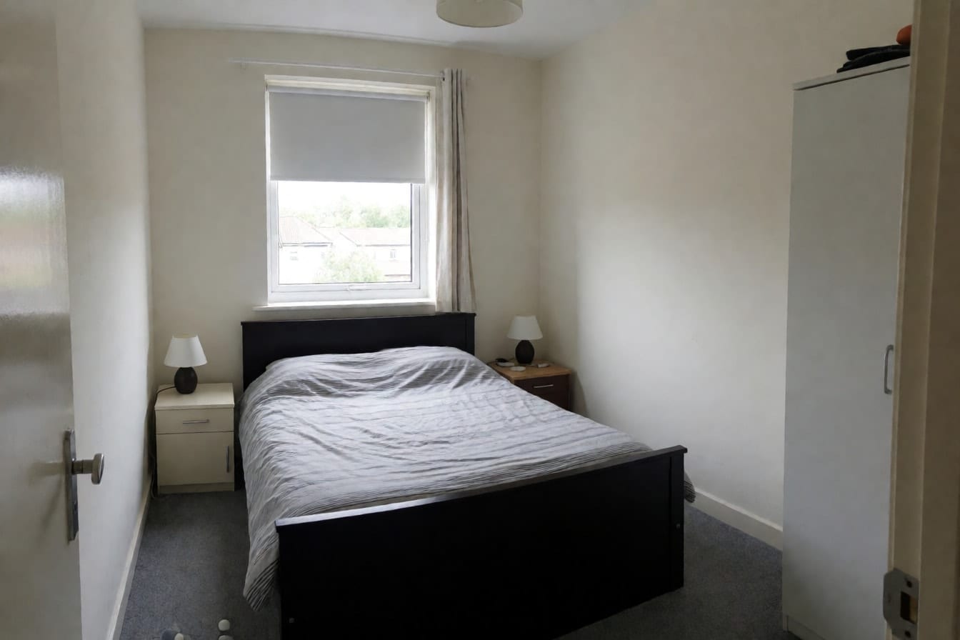 Schlichtes Schlafzimmer mit dunklem Buchenbett, grau gestreifter Bettdecke, zwei unterschiedlichen Nachttischen, weißem Kleiderschrank und grauem Teppichboden
