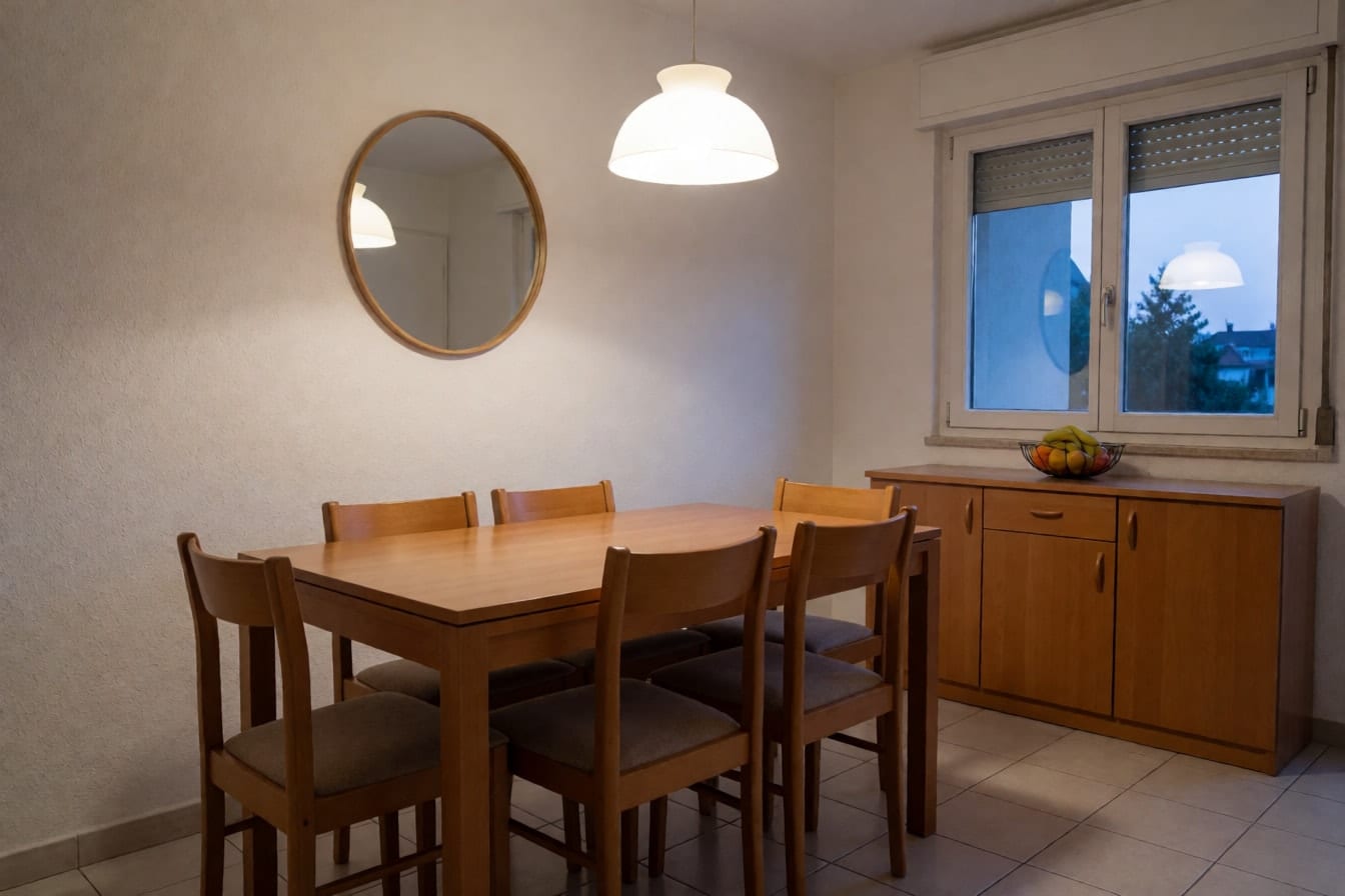 Dining area na may kahoy na mesa para sa anim, simpleng upuan, bilog na salamin sa puting dingding at nakasinding pendant lamp