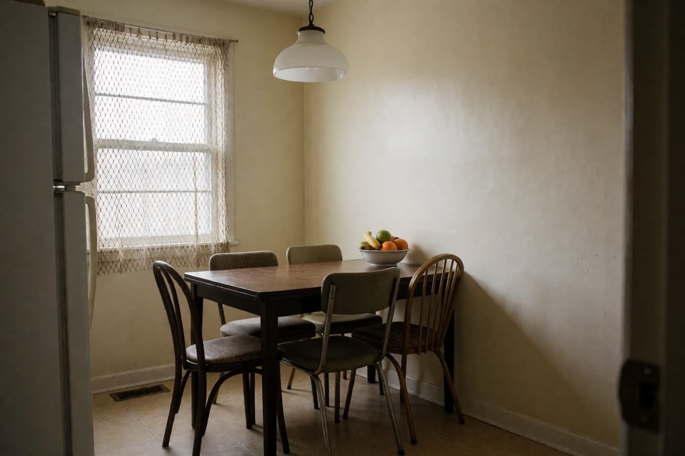 A small dining corner with a dark veneer table, mismatched chairs and bare cream walls