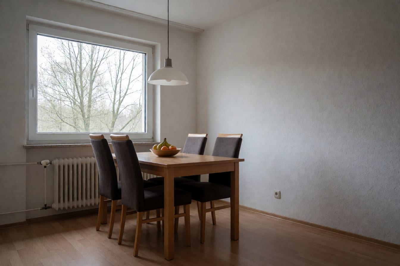 Schlichte Essecke in einer Mietwohnung mit Buchentisch, vier Polsterstühlen, Obstschale und weißen Wänden
