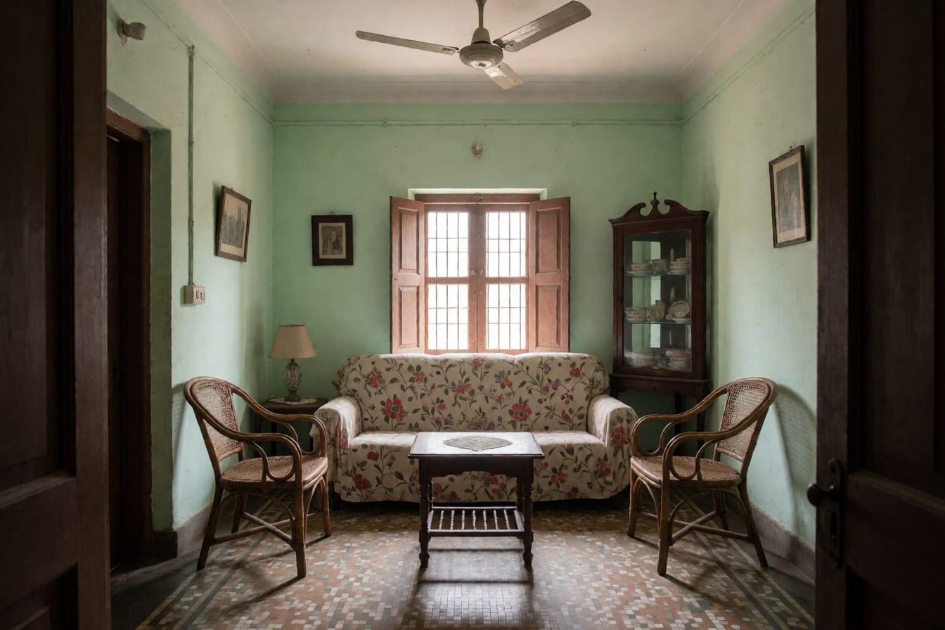 পুরোনো ফ্ল্যাটের ড্রয়িং রুম: ফুলেল কভারের সোফা, বেতের চেয়ার, কাচের শোকেস, হালকা সবুজ দেয়াল আর মোজাইকের মেঝে