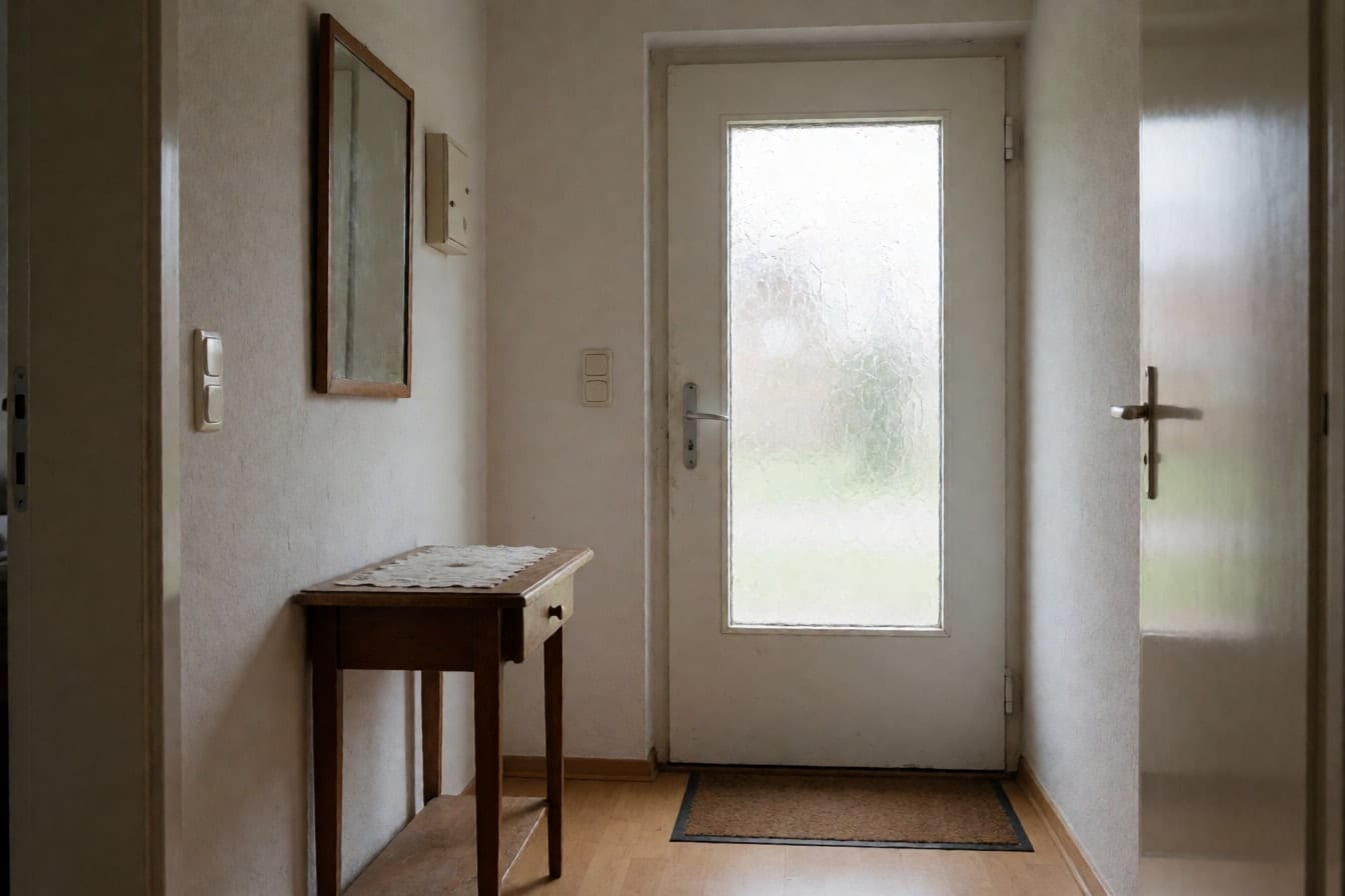Schlichter Hauseingang mit weißer Tür mit Glaseinsatz, kleinem Tisch und Spiegel an heller Wand