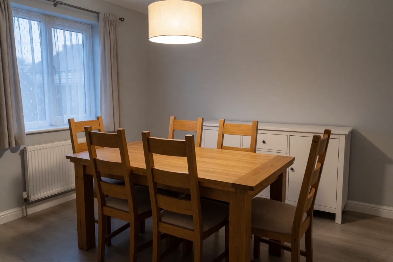 A plain dining room with an oak table, six chairs, a white sideboard and a drum pendant light
