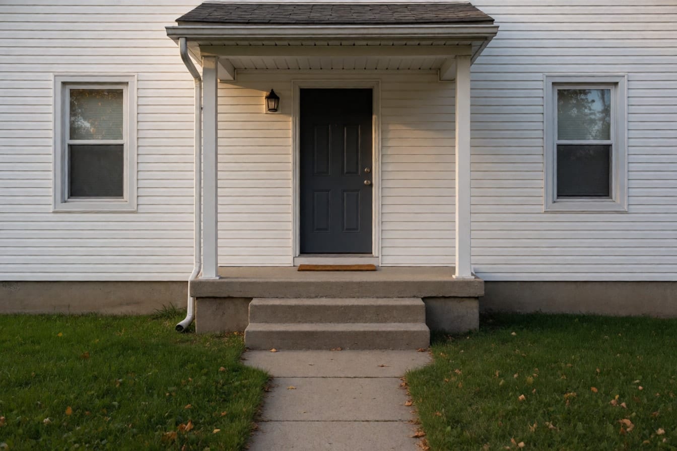 The front porch of a two-story house with white siding, a dark grey door and three concrete steps, undecorated