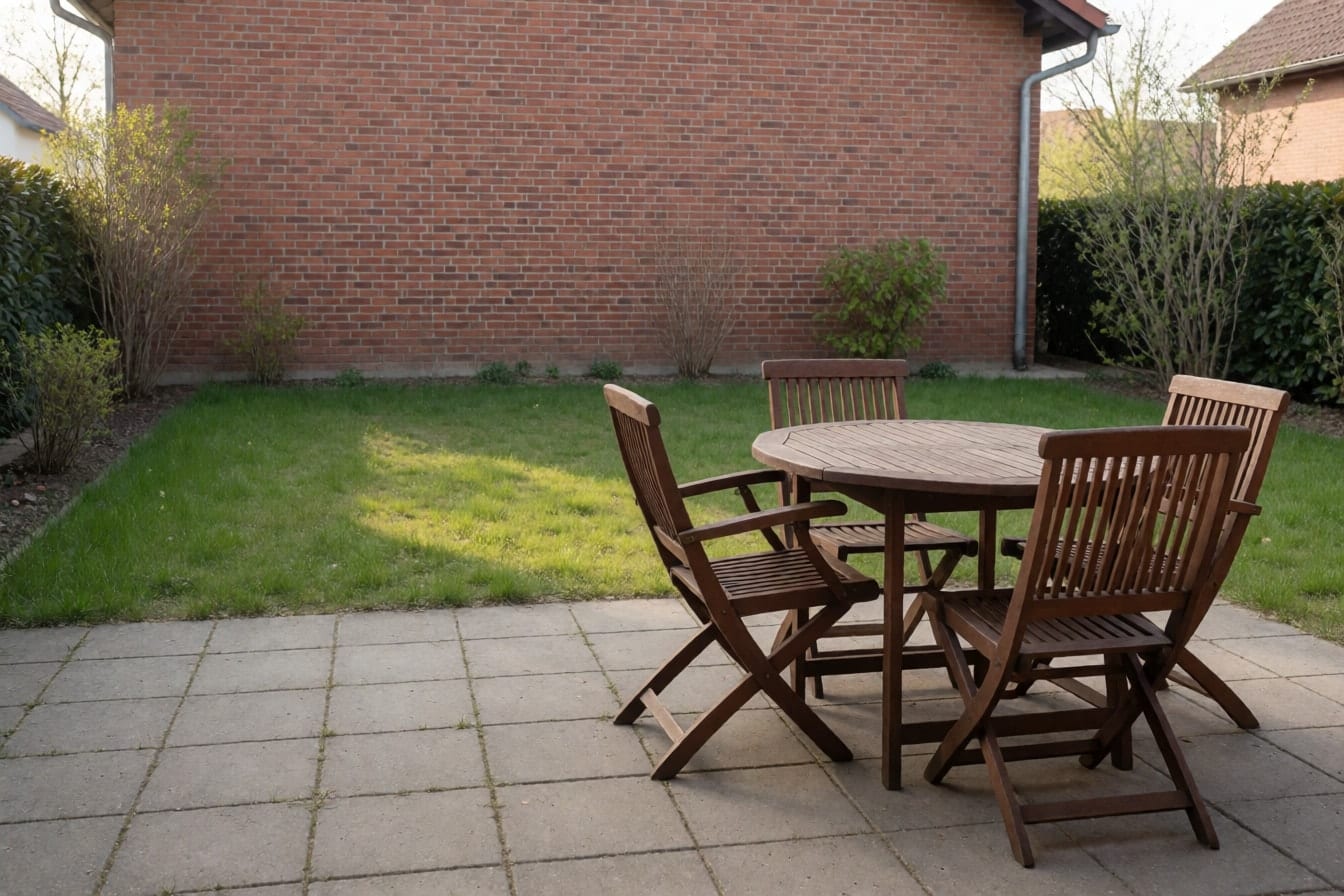 Gepflasterte Terrasse mit Holztisch und Stühlen, Rasen, Backsteinmauer und jungen Sträuchern