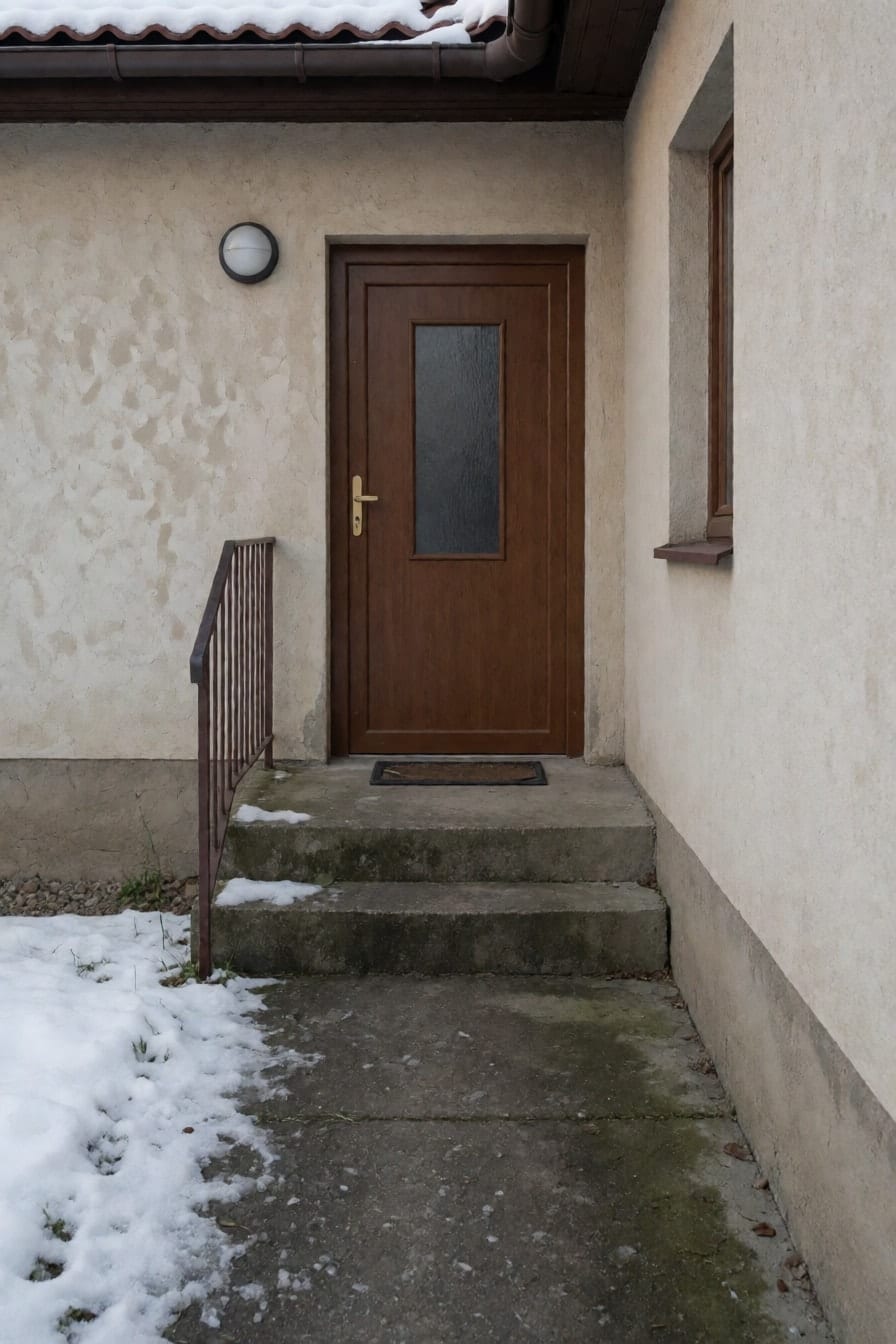 Vchod rodinného domu s hnědými dřevěnými dveřmi, dvěma betonovými schody, kovovým zábradlím a trochou sněhu