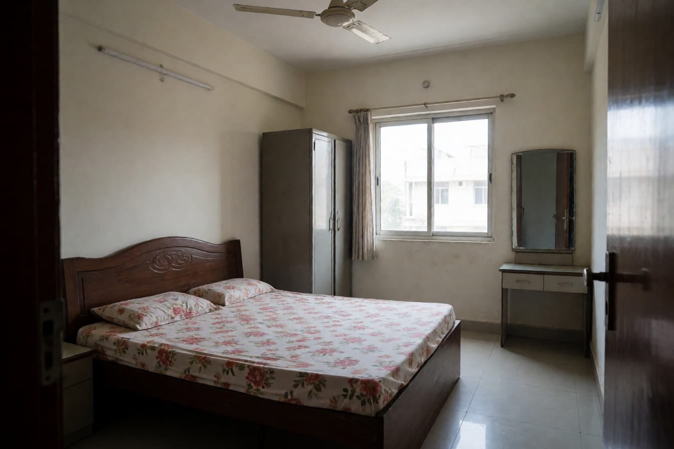 सादा बेडरूम, गहरे रंग के हेडबोर्ड वाला डबल बेड, फूलों वाली चादर, कोने में स्टील की अलमारी और ड्रेसिंग टेबल