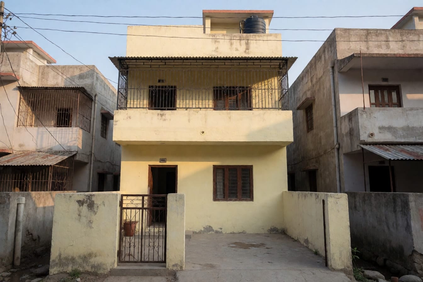 हल्के पीले प्लास्टर वाला दो मंज़िला मकान, बालकनी पर काली ग्रिल, छत पर पानी की टंकी और स्टील का गेट