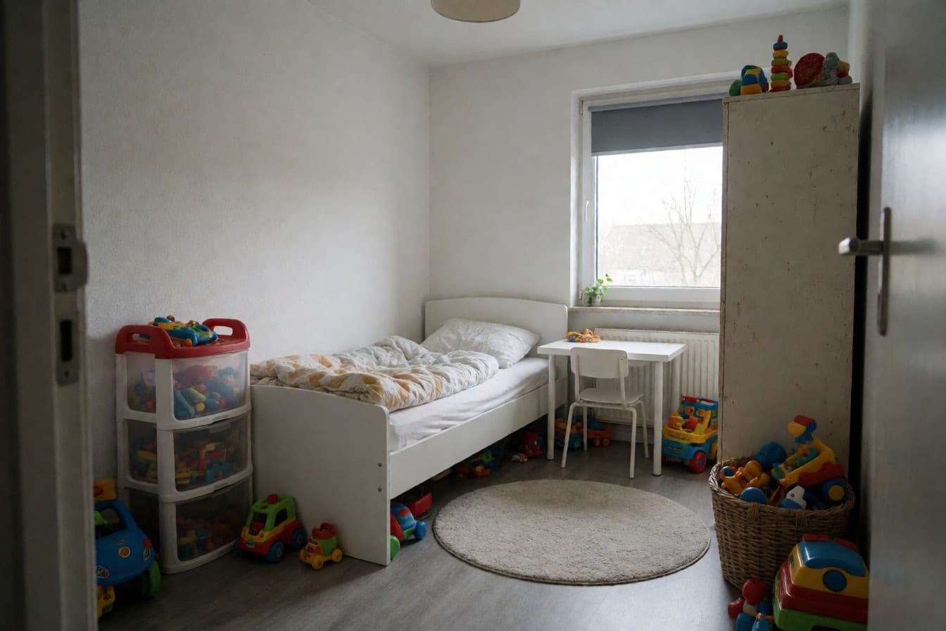 Habitación infantil sencilla con cama blanca, torre de cajones de plástico y juguetes por el suelo