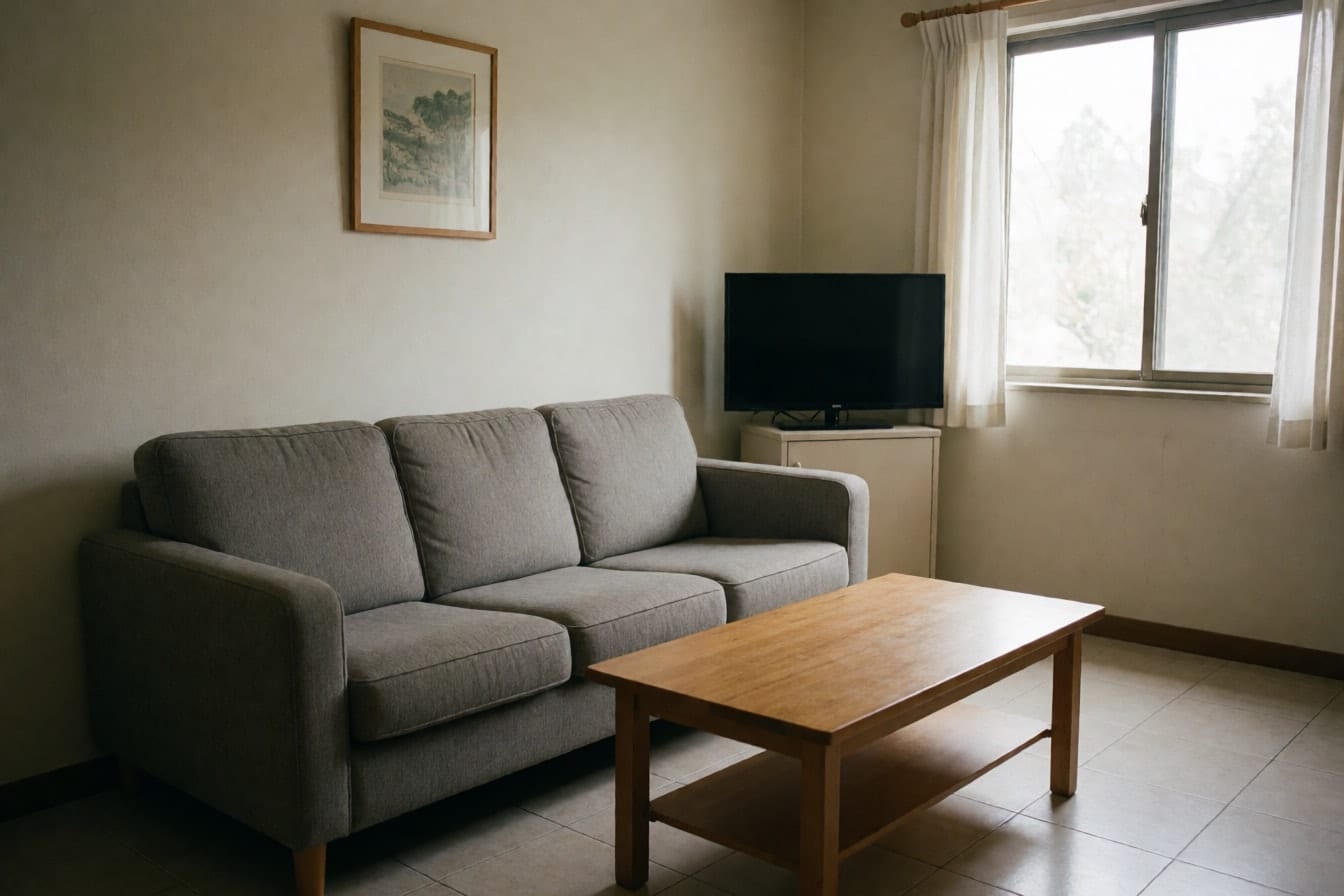 Maliit na sala na may beige na dingding, kulay-abong sofa, mababang kahoy na mesa, TV sa gilid at bintanang may puting kurtina
