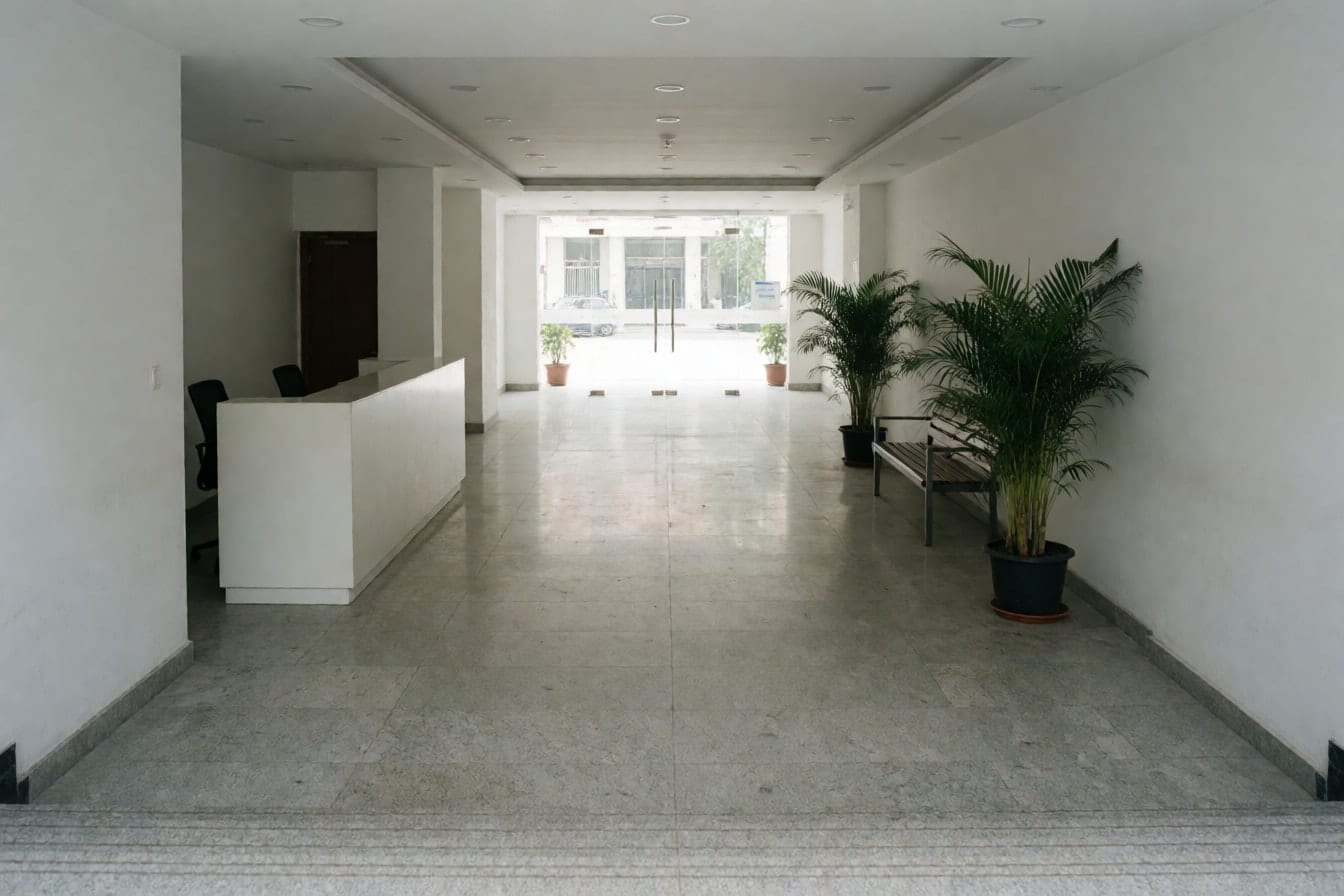 Sảnh tầng trệt tòa văn phòng với sàn đá xám sáng, quầy lễ tân trắng, ghế băng, hai chậu cau và cửa kính