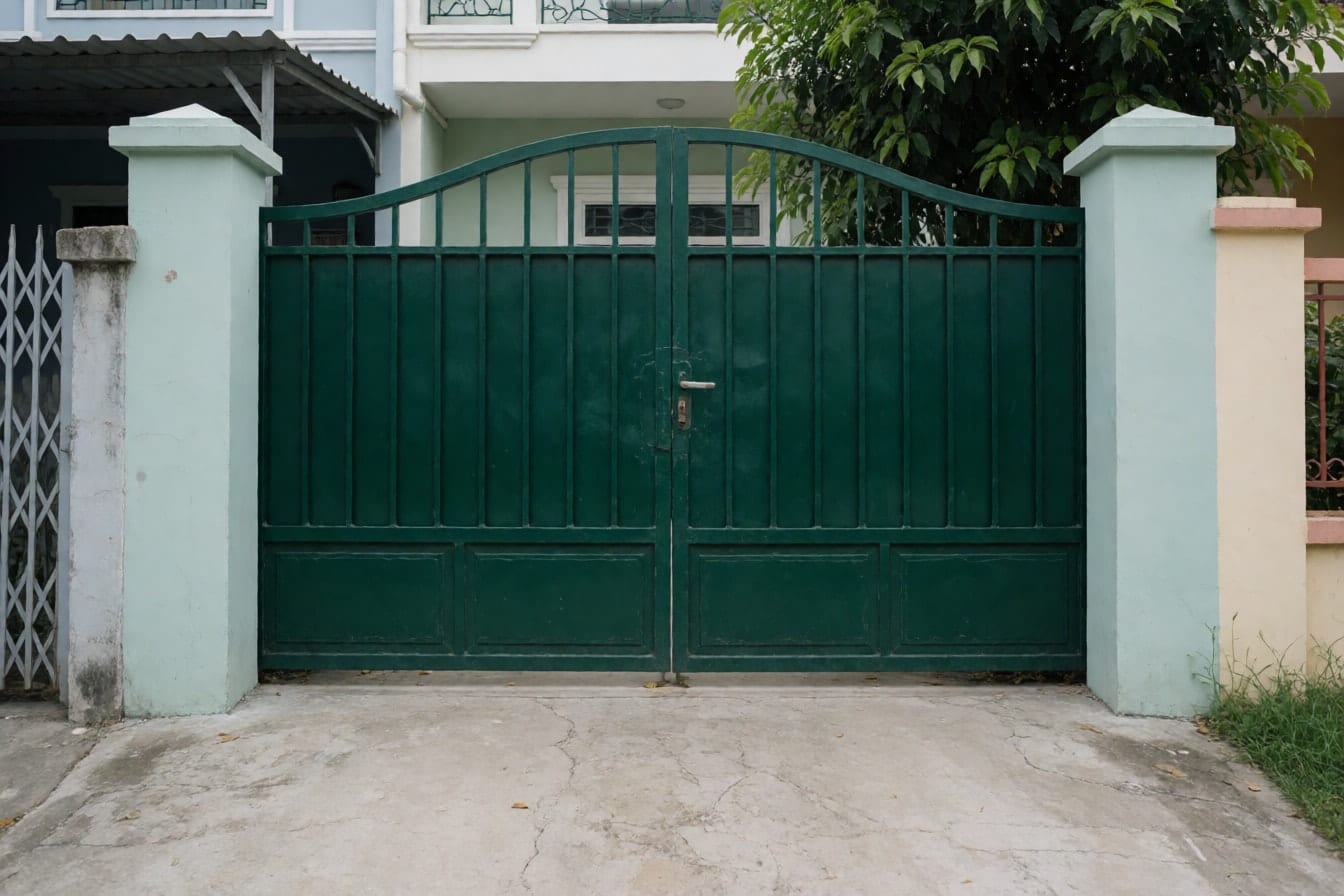 Cổng sắt hai cánh sơn xanh đậm đóng kín giữa hai trụ vuông, hẻm bê tông phía trước, mái nhà và ngọn cây phía sau
