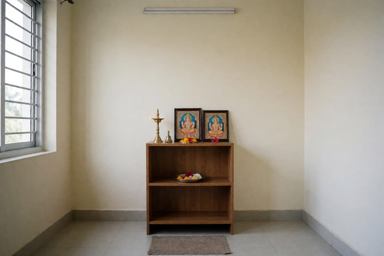 फ़्लैट का छोटा पूजा कोना, लकड़ी की सादी शेल्फ़ पर पीतल का दीया, घंटी और फ़्रेम की हुई तस्वीरें, ऊपर ट्यूबलाइट