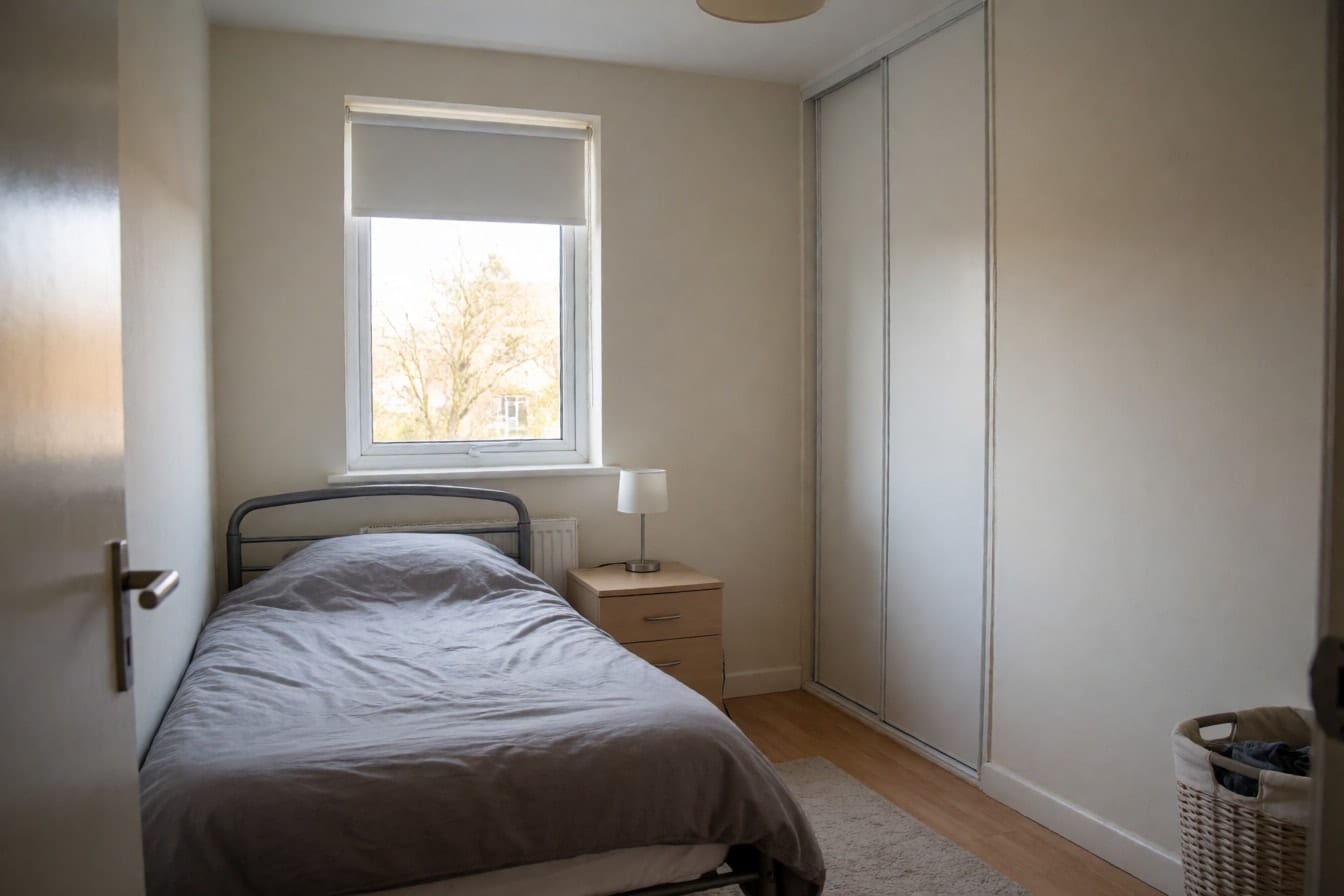 A plain rental bedroom with a metal bed frame, a gray comforter and a white sliding-door closet