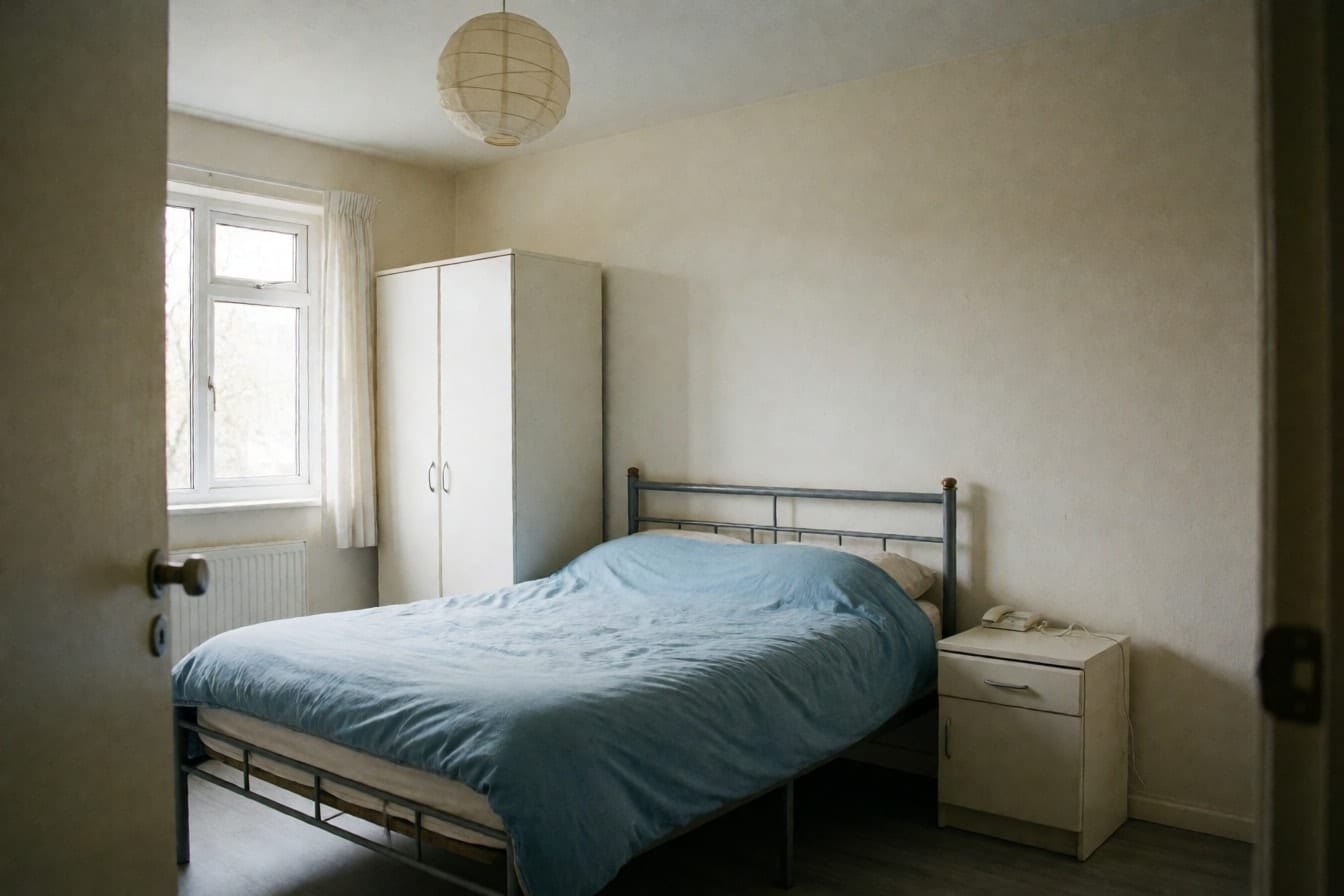 A plain rental bedroom with a metal bed frame, a faded blue duvet and a white laminate wardrobe