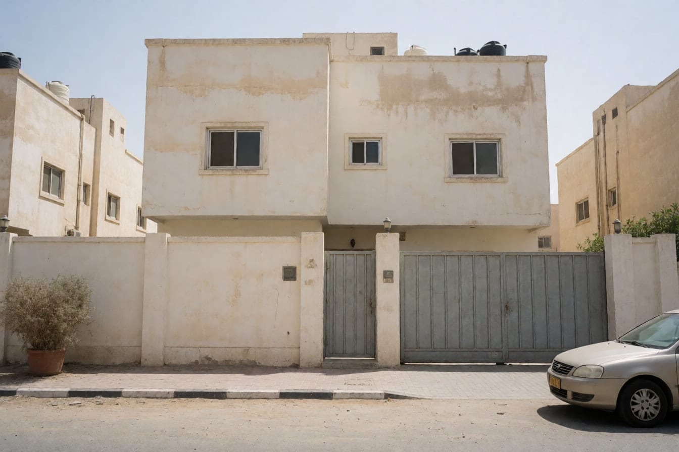 واجهة فيلا من دورين في أحد أحياء الرياض بلياسة كريمية باهتة ونوافذ ألمنيوم بزجاج داكن وبوابة منزلقة