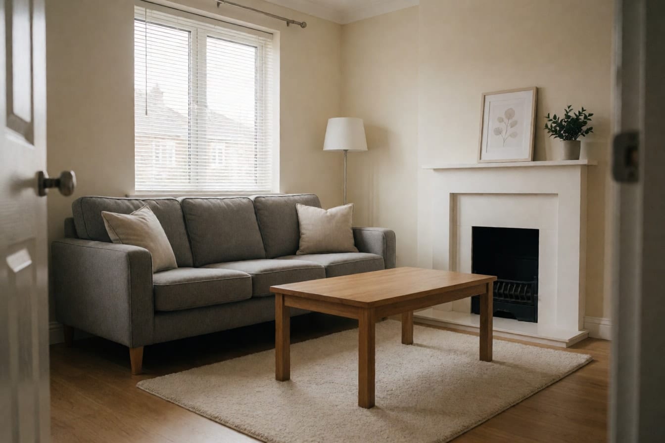 An ordinary living room with a grey fabric sofa, a wooden coffee table, a cream rug and a white fireplace mantel